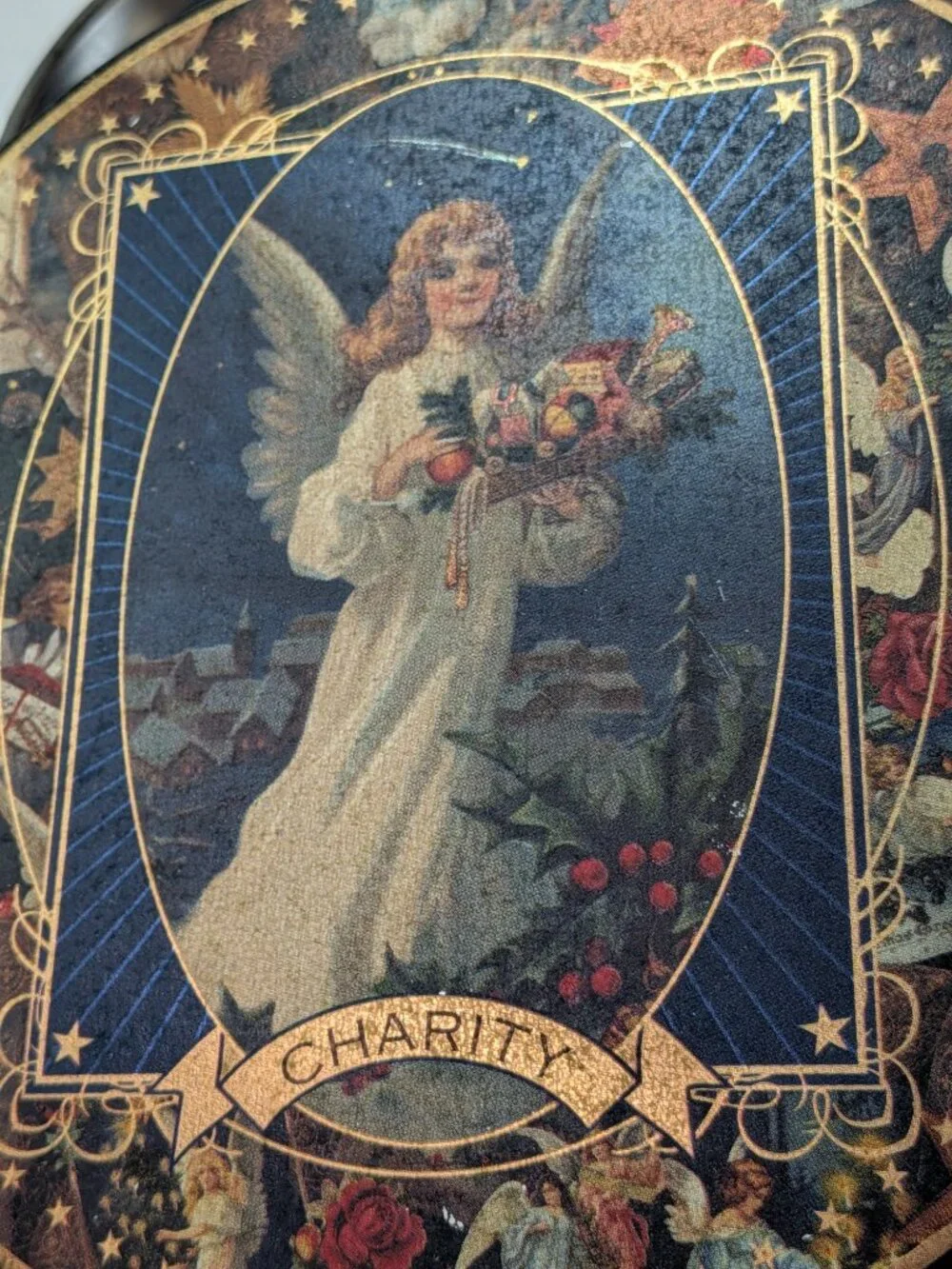 Vintage Victorian Angel Charity Tin Religious Gold Accent Gifted Line